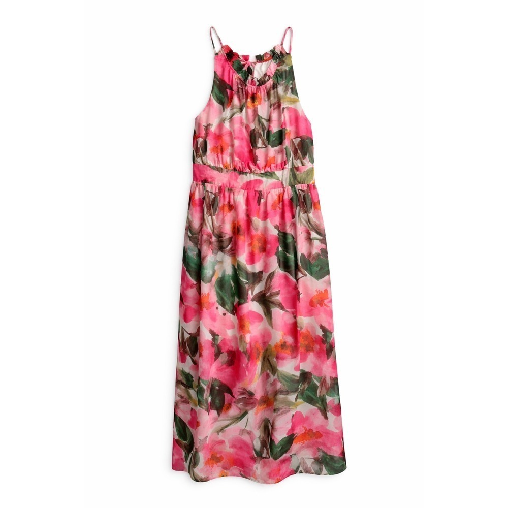 Anne Klein Pink Floral Maxi Dress Size 10 Chiffon Long Back Neck Tie Side Slit